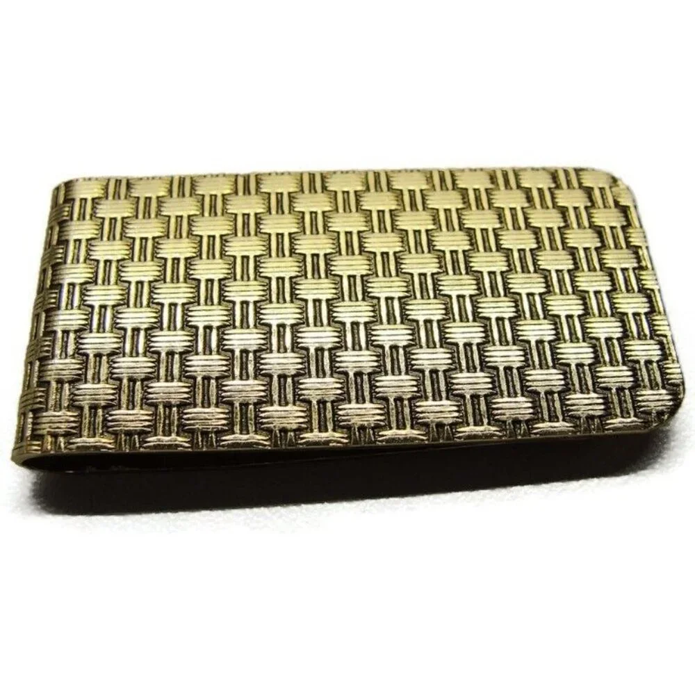 Gold Tone Weave Pattern Money Clip Stainless Steel Wallet Credit Card Cash ID